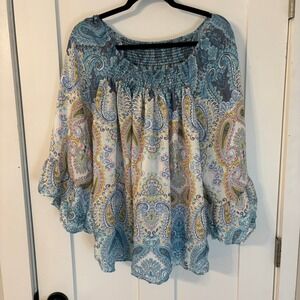 Boho Smocked Square Neck Paisley Oversized Fit Top Blue Yellow Bell Sleeve XL